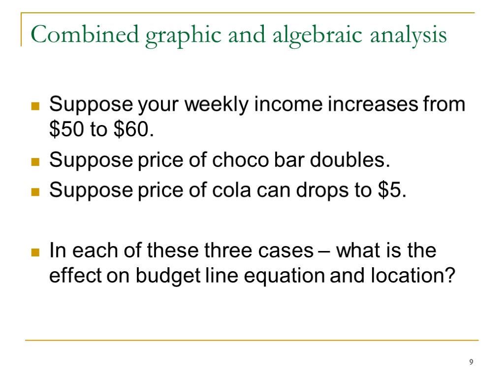 9 Combined graphic and algebraic analysis Suppose your weekly income increases from $50 to